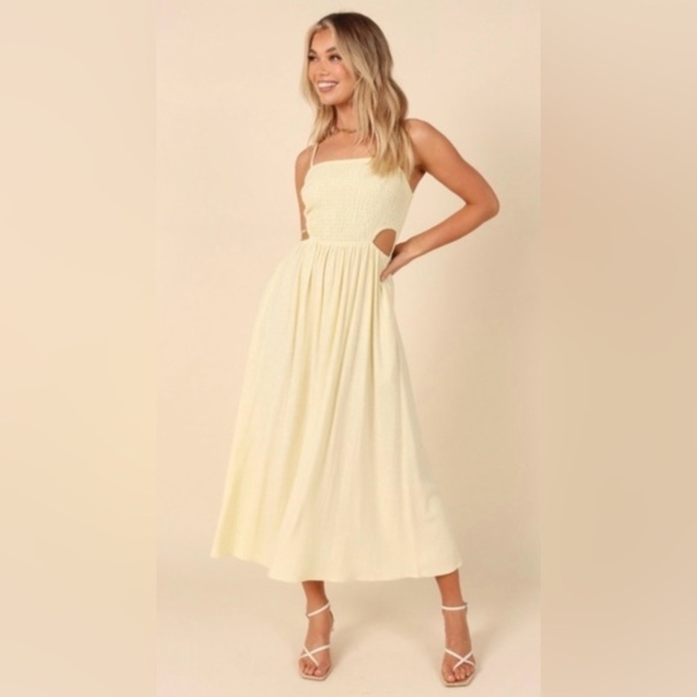 Petal & Pup Light Yellow Maxi Dress, Cut Out Design,
Linen, Summer
